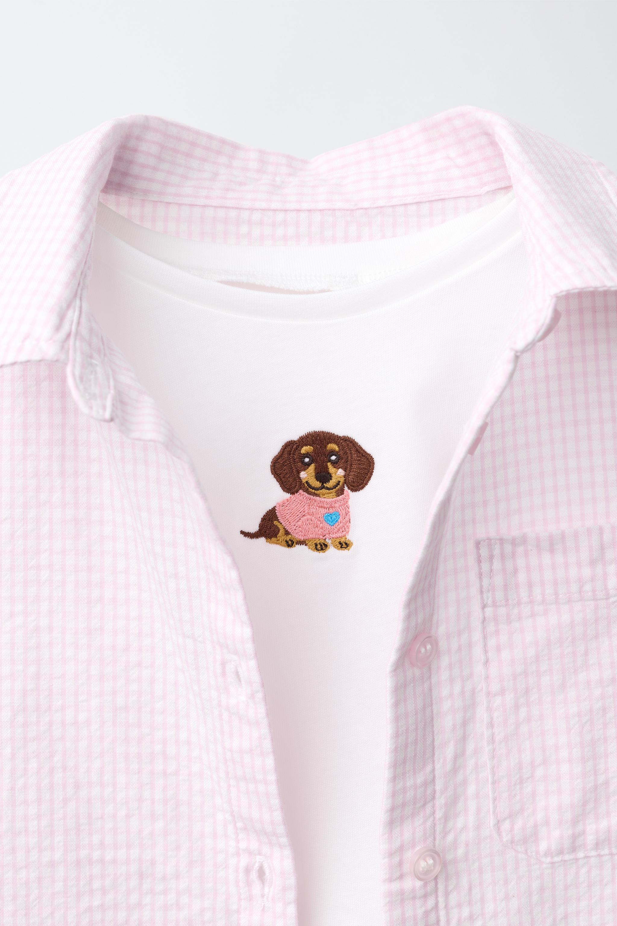STRIPED SHIRT AND EMBROIDERED DOG T-SHIRT SET